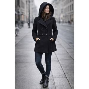 Esprit Black Hooded Pea Coat Wool Blend Double Breasted Winter Jacket Size Large